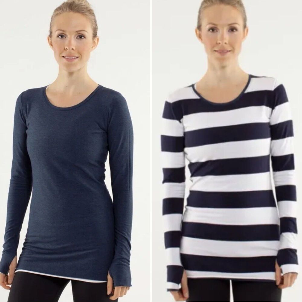 Lululemon Women Every Yogi Reversible Top XS/S Navy Wild Bold Stripe Long Sleeve
